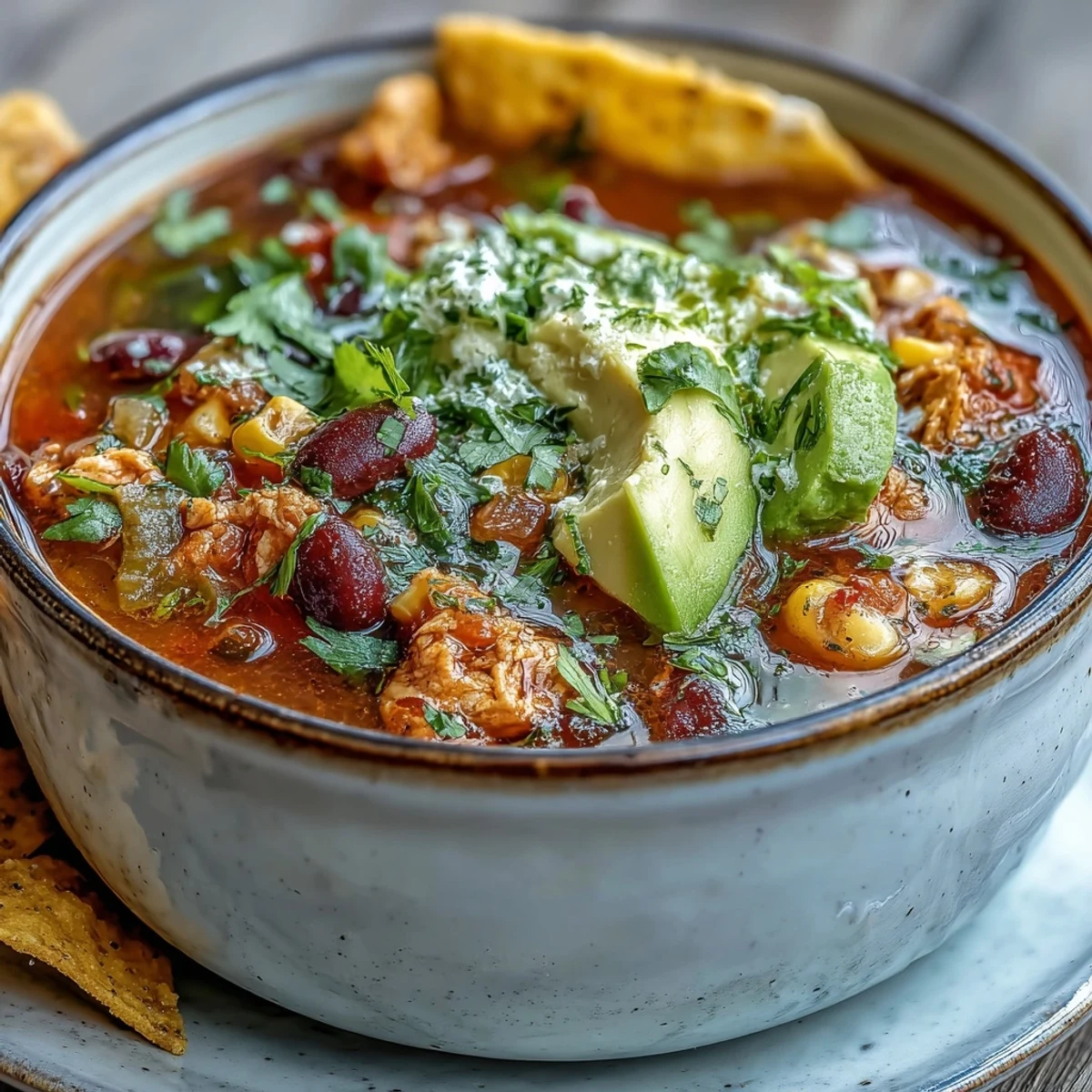 A bowl of hearty Southwestern Turkey Soup topped with avocado slices and crumbled tortilla chips.