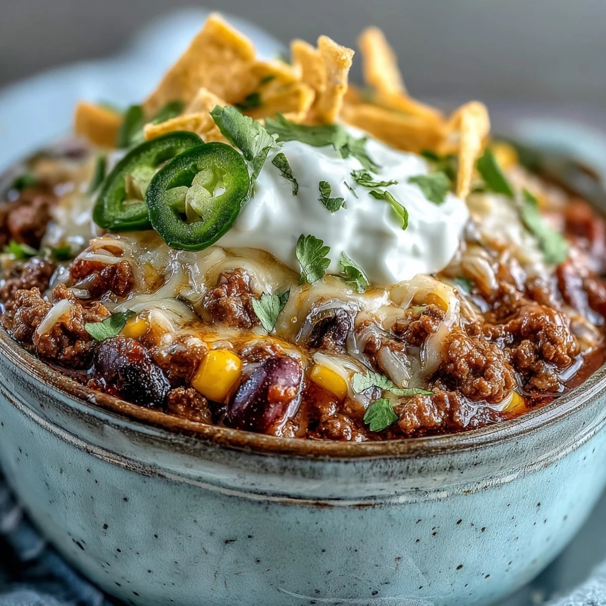 A hearty bowl of Taco Soup topped with melted cheddar, sour cream, and fresh cilantro for a cozy family meal.