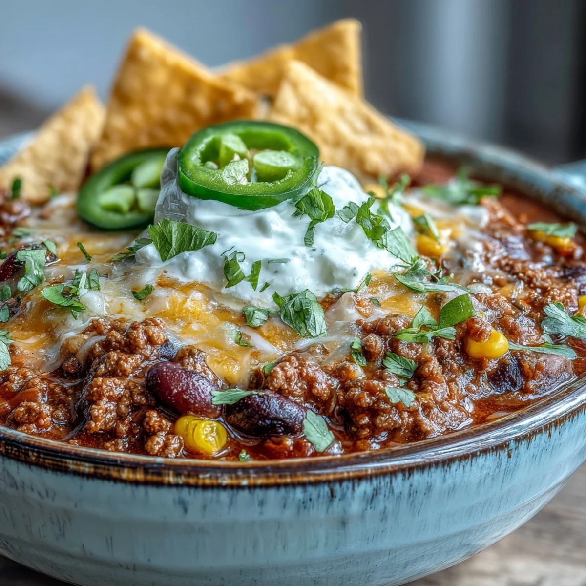 Close-up of Taco Soup in a rustic bowl, garnished with tortilla chips, jalapeños, and lime wedges.