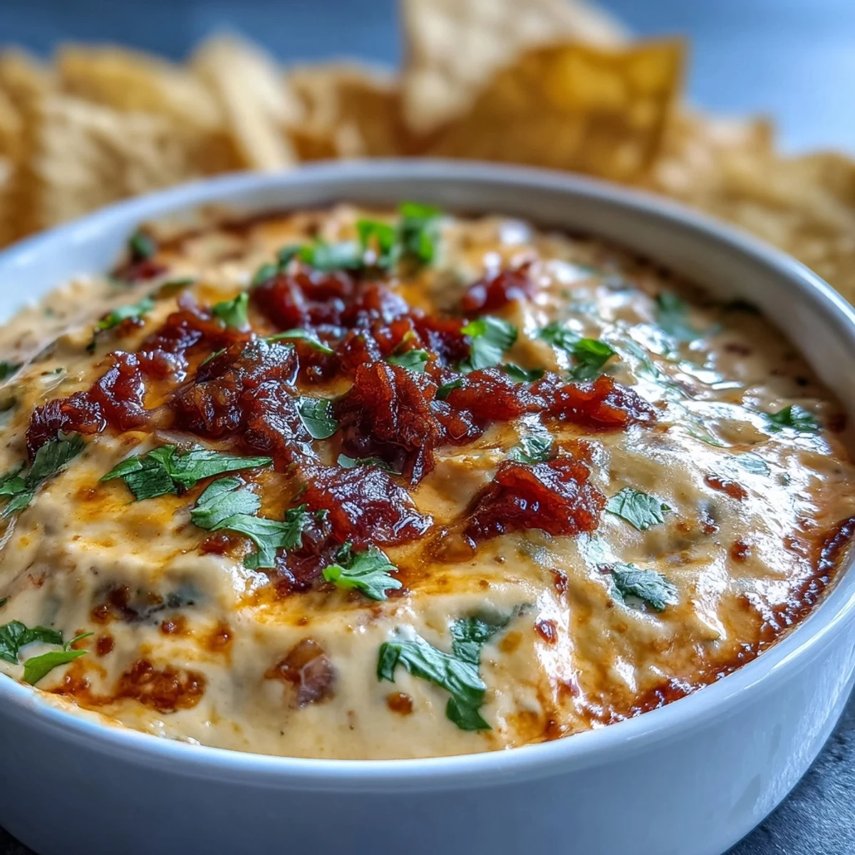 Creamy, spicy queso dip with melted cheddar and Monterey Jack, served warm in a bowl with tortilla chips.  