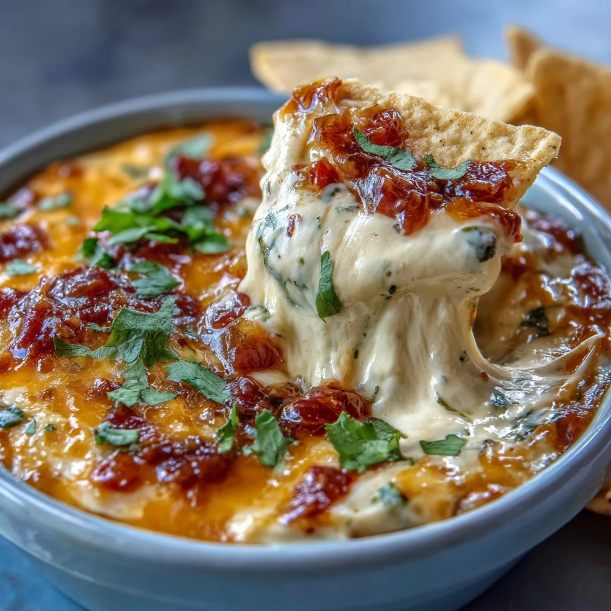 Golden, velvety queso dip topped with green onions, perfect for a Super Bowl party appetizer.