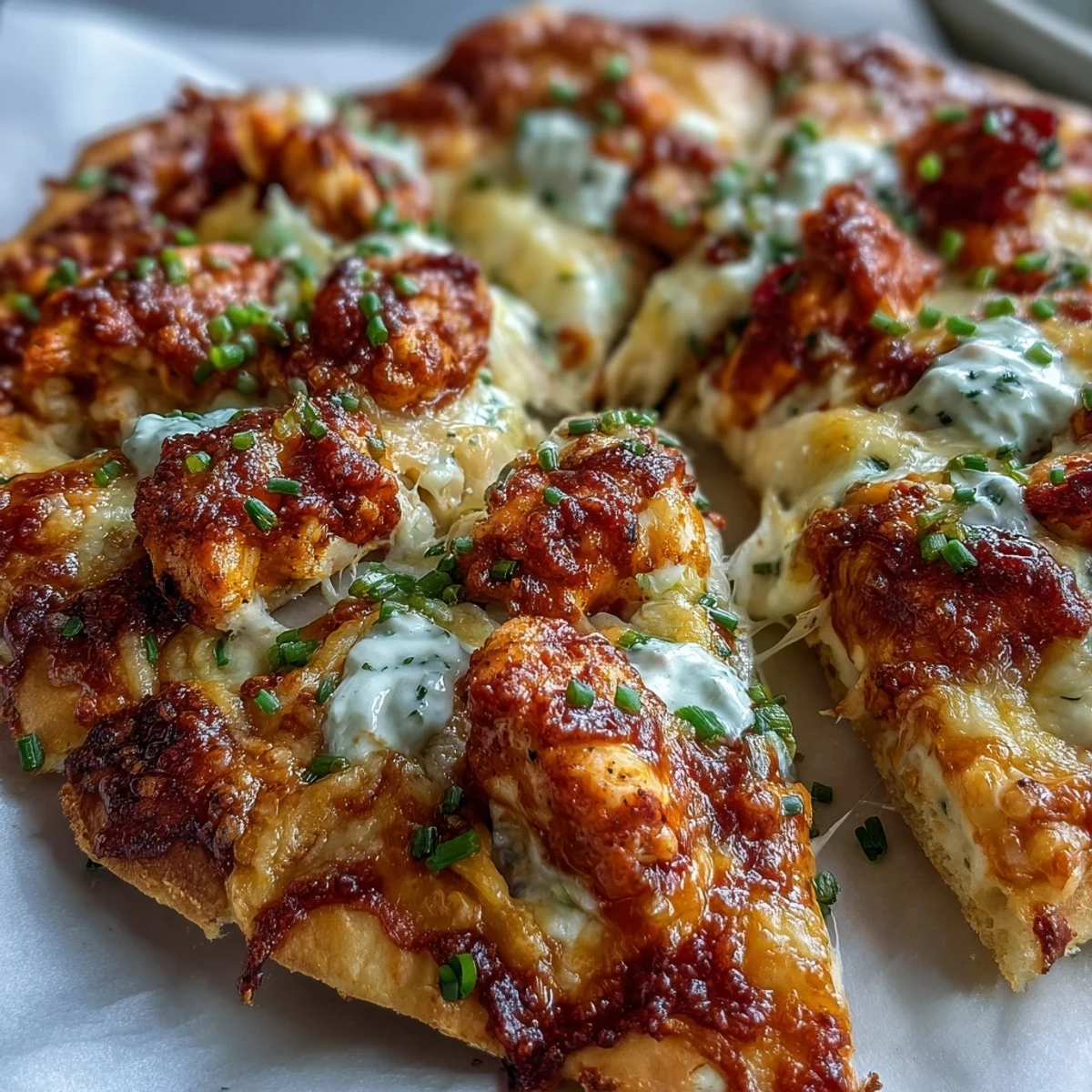 A close-up of Buffalo Chicken Pizza with melted mozzarella, cheddar, and sliced red onion on a golden crust, drizzled with ranch.