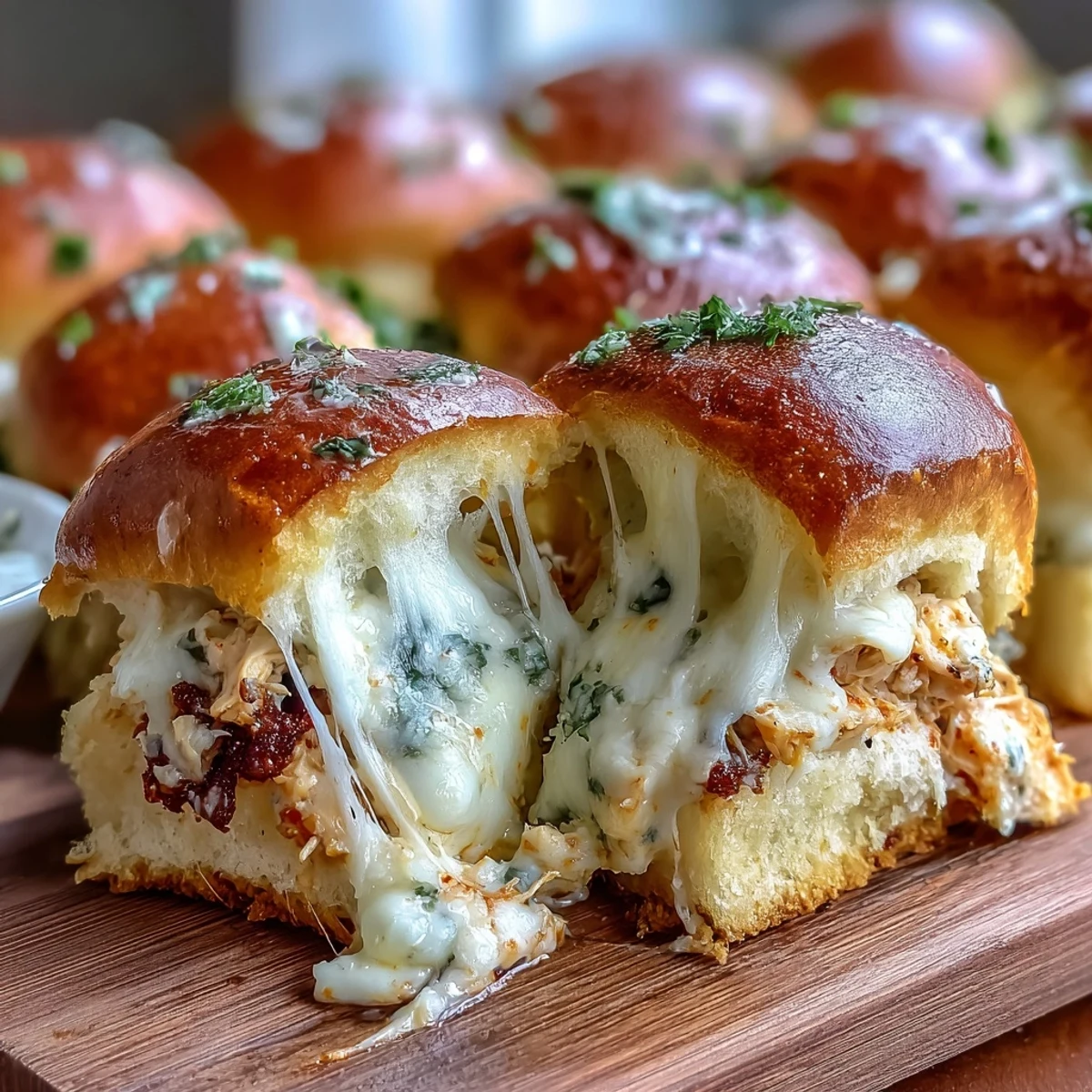 Freshly baked Pizza Dip Sliders filled with creamy Buffalo chicken dip, served warm with a side of ranch dressing.  