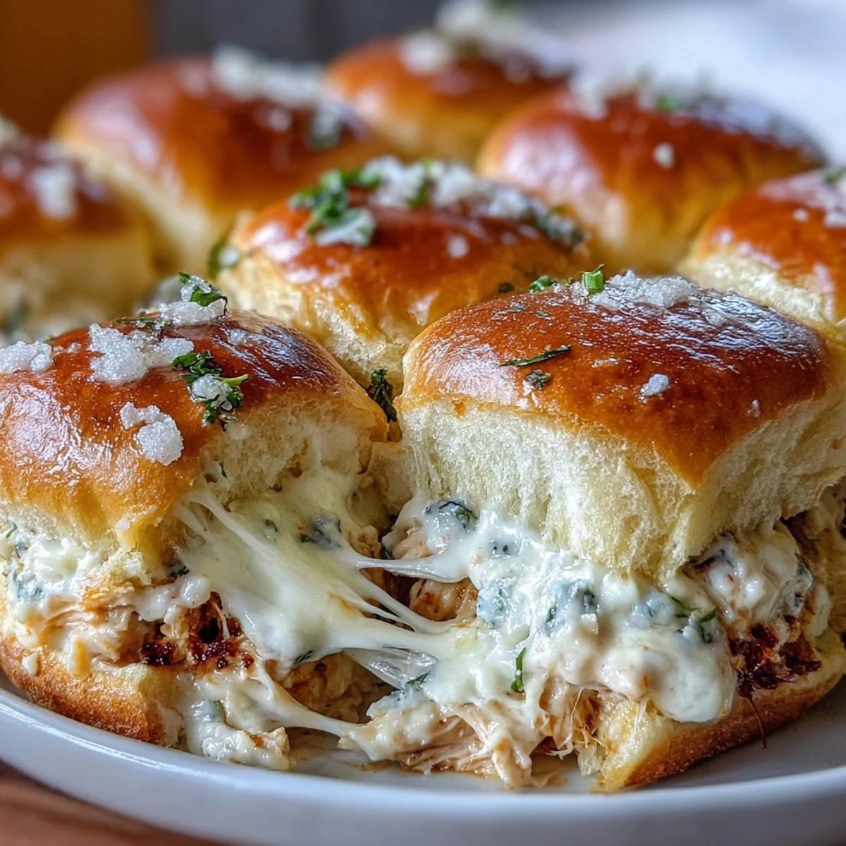 Golden-brown Pizza Dip Sliders with melted mozzarella and cheddar cheese on soft Hawaiian rolls, perfect for game day.  