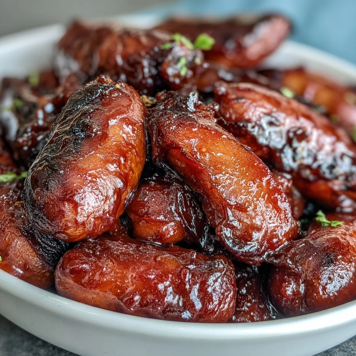 Golden Crock Pot BBQ Cocktail Sausages glazed in sticky apricot barbecue sauce, served warm in a rustic bowl.