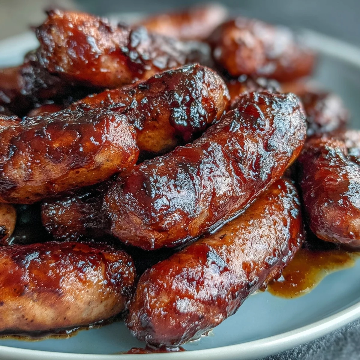 Tender Crock Pot BBQ Cocktail Sausages in a rich apricot barbecue glaze, ready to serve with toothpicks.