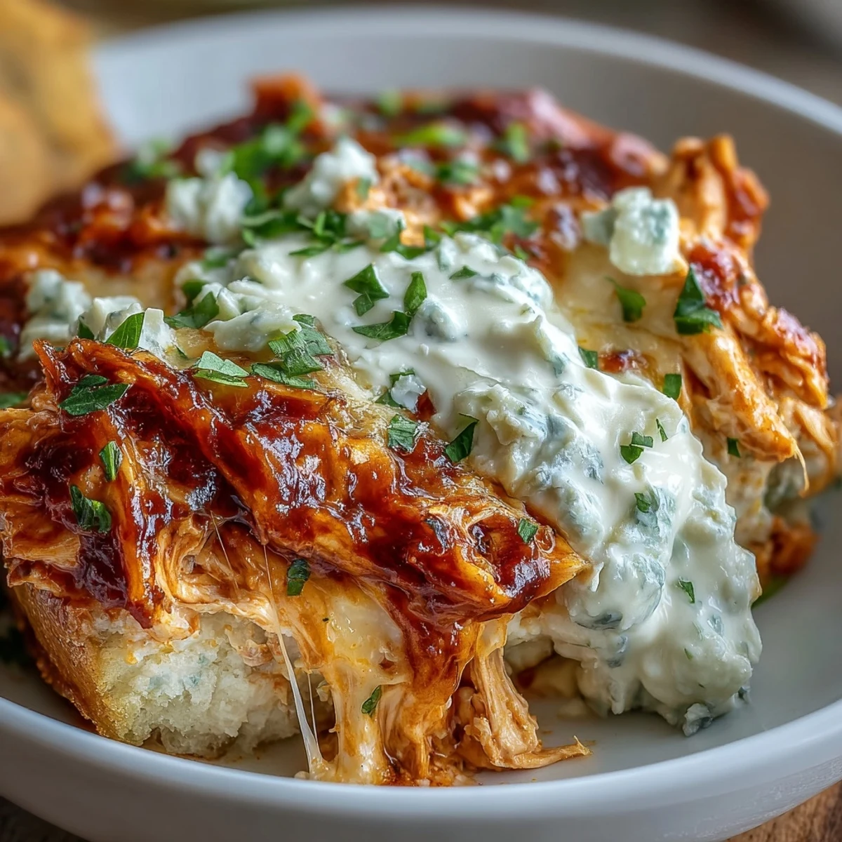 Golden, bubbly Crock Pot Buffalo Chicken Dip topped with melted cheese and fresh scallions in a rustic bowl.  