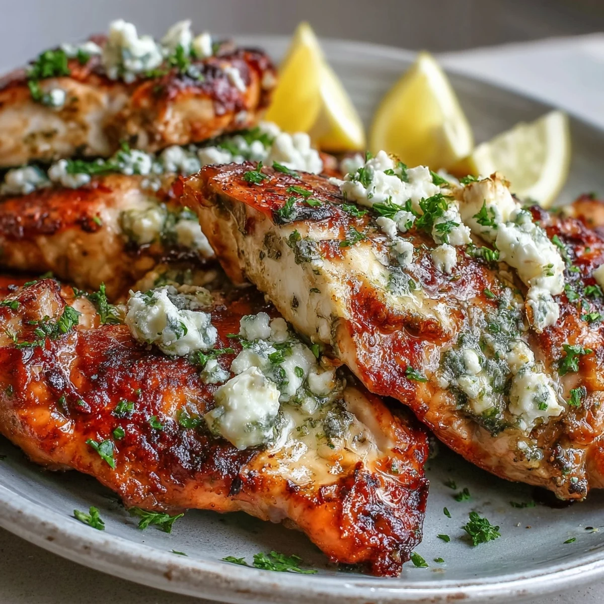 Bright Mediterranean flavors in this Greek Chicken with Lemon and Feta, paired with roasted potatoes and a squeeze of lemon.