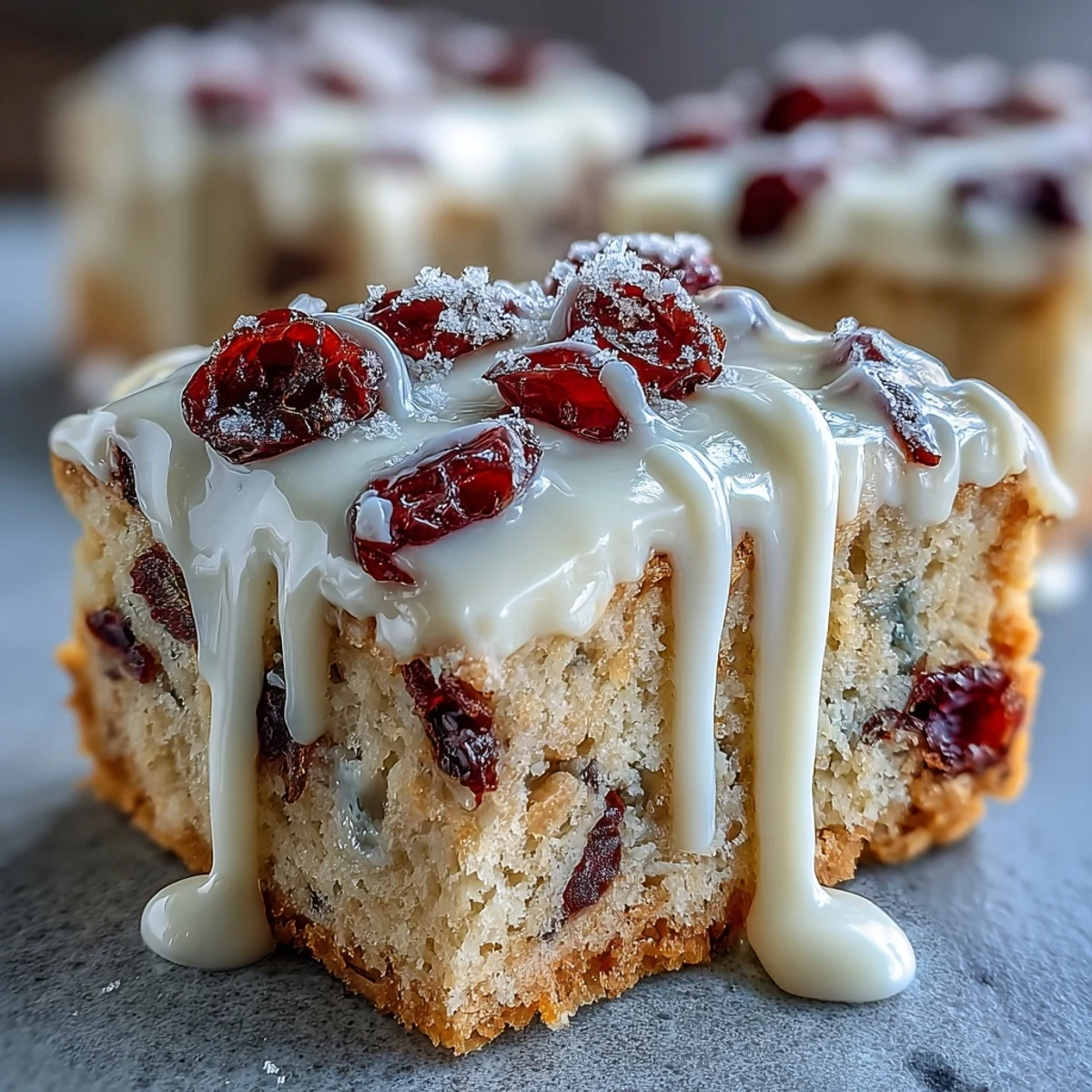 Cranberry Bliss Bars with zesty orange cream cheese frosting are drizzled with melted white chocolate on a rustic wooden board.