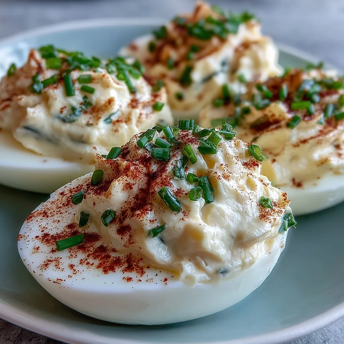 Freshly prepared Million Dollar Deviled Eggs garnished with paprika and chives on a white plate.