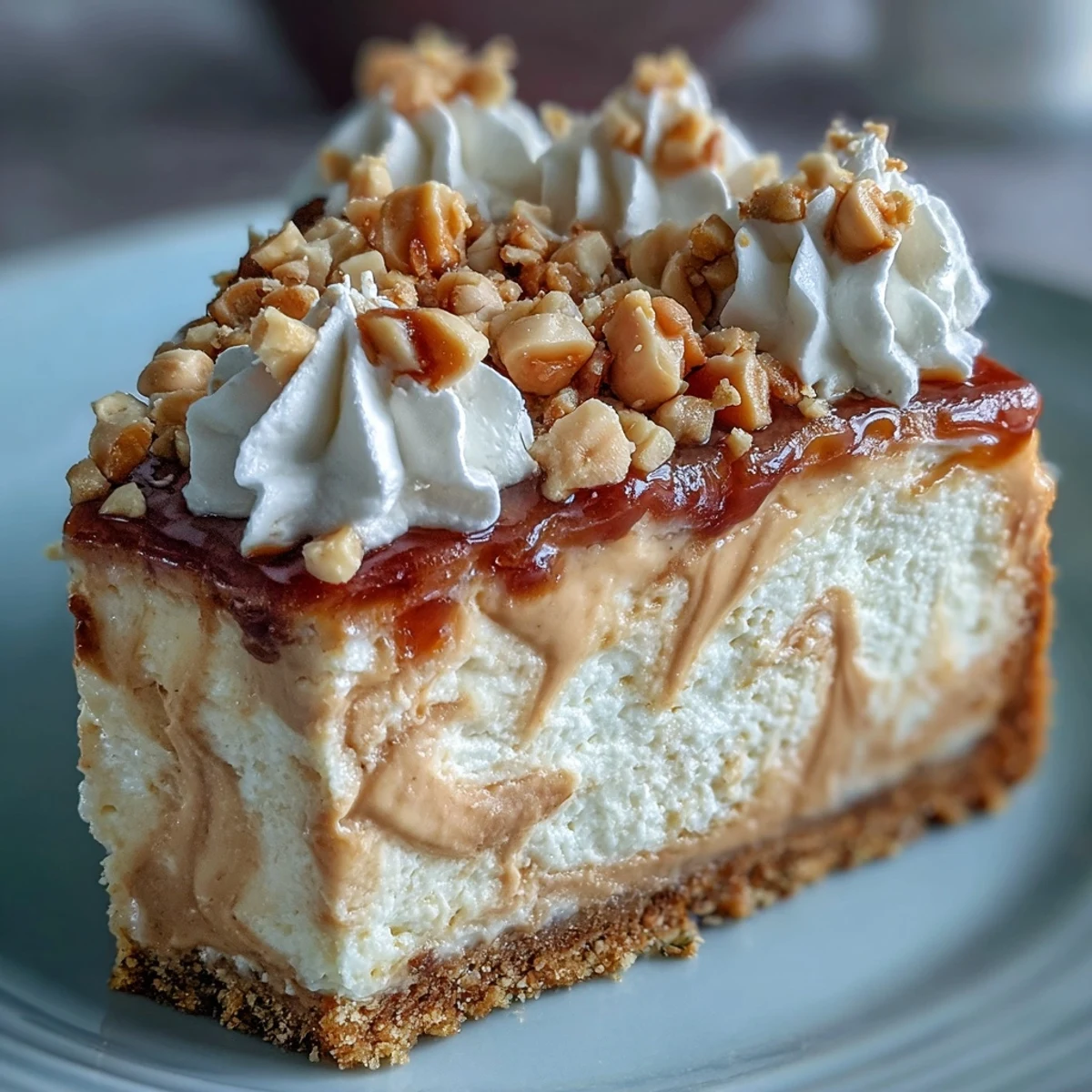 Creamy Nutter Butter cheesecake slice topped with whipped cream and chopped peanuts, served on a white plate.