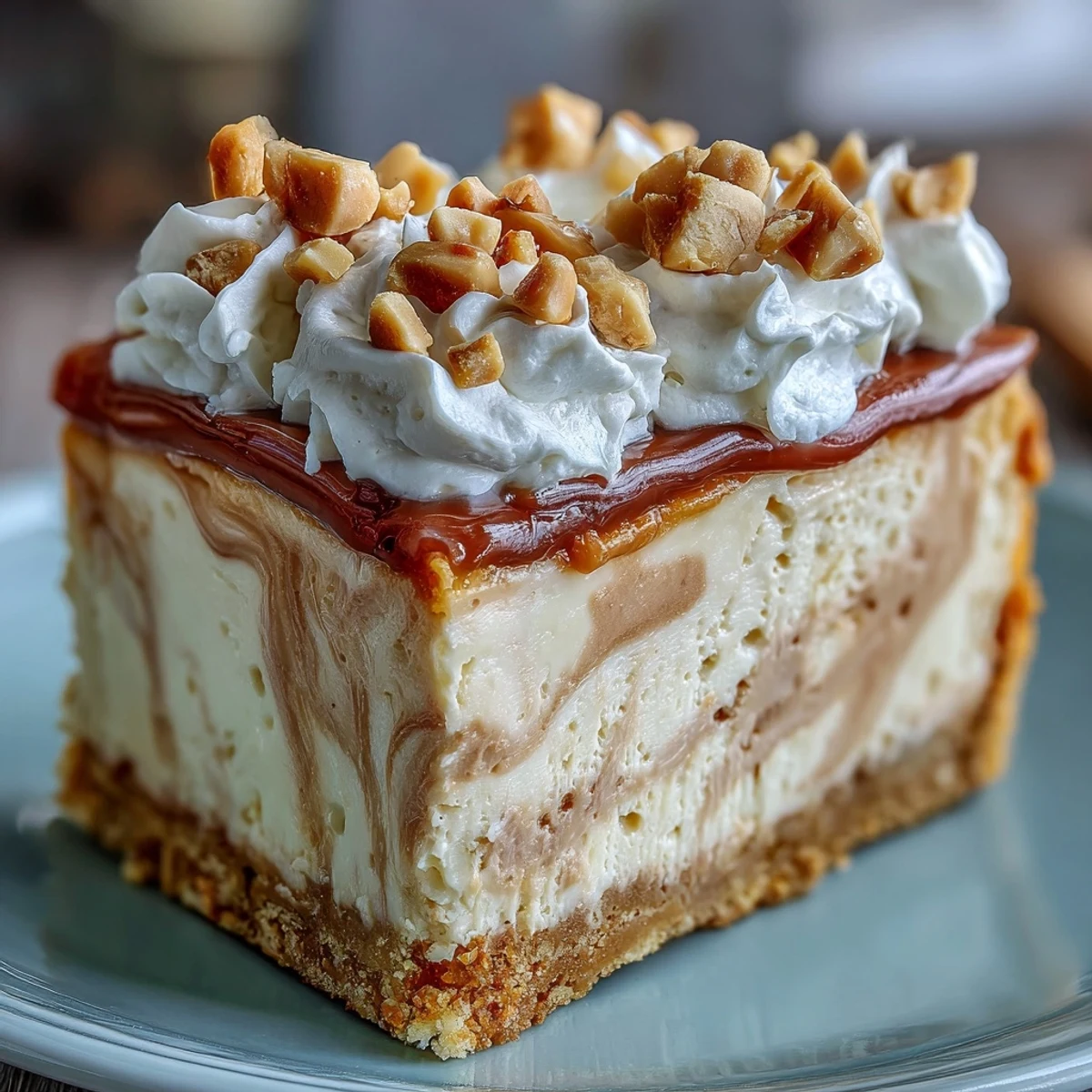 A rich Nutter Butter cheesecake with peanut butter swirls and a golden cookie crust, garnished with peanuts.