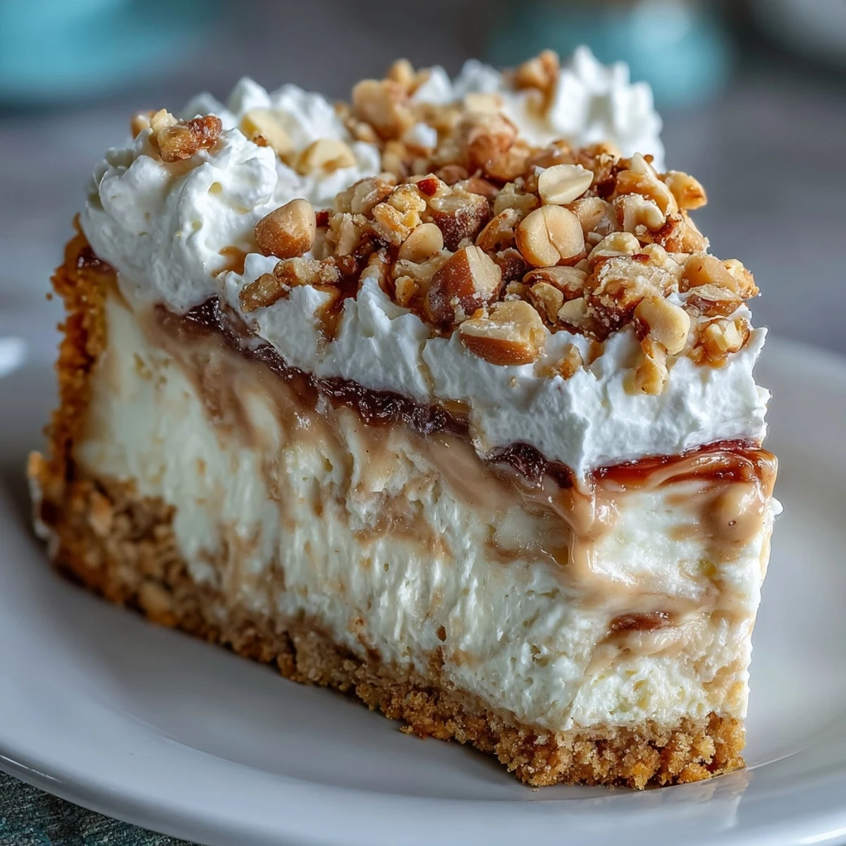 Freshly baked Nutter Butter cheesecake topped with fluffy whipped cream and extra cookie crumbles on a marble surface.