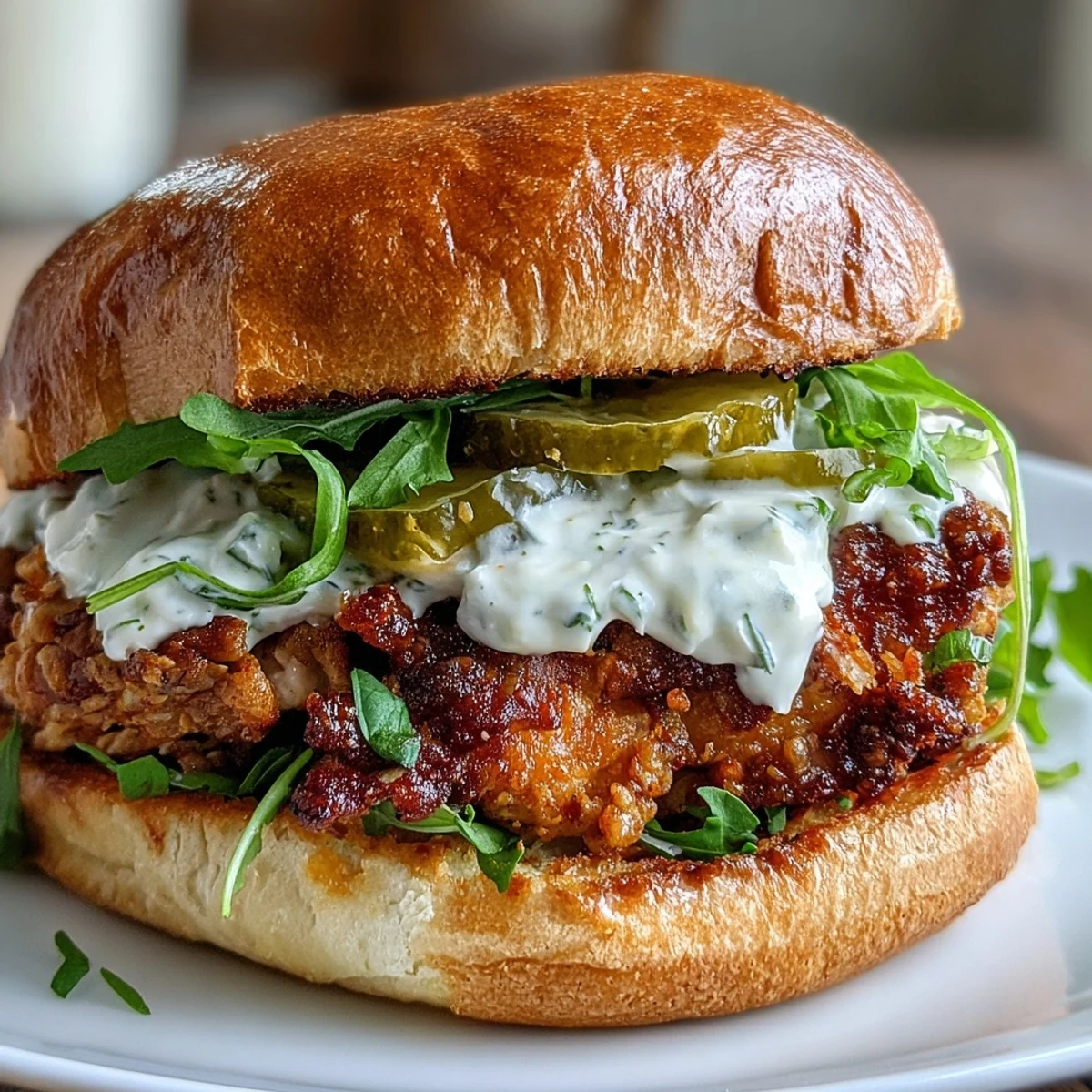 Crispy golden-brown Spicy Chicken Sandwich layered with crunchy lettuce and pickles on a toasted brioche bun, drizzled with creamy homemade sauce.