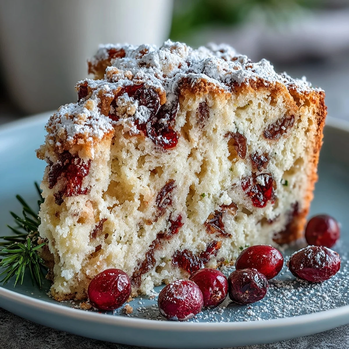 Cooling slice of Cranberry Orange Breakfast Cake on a wire rack, showcasing fluffy interior with juicy cranberries and bright citrus zest throughout. 