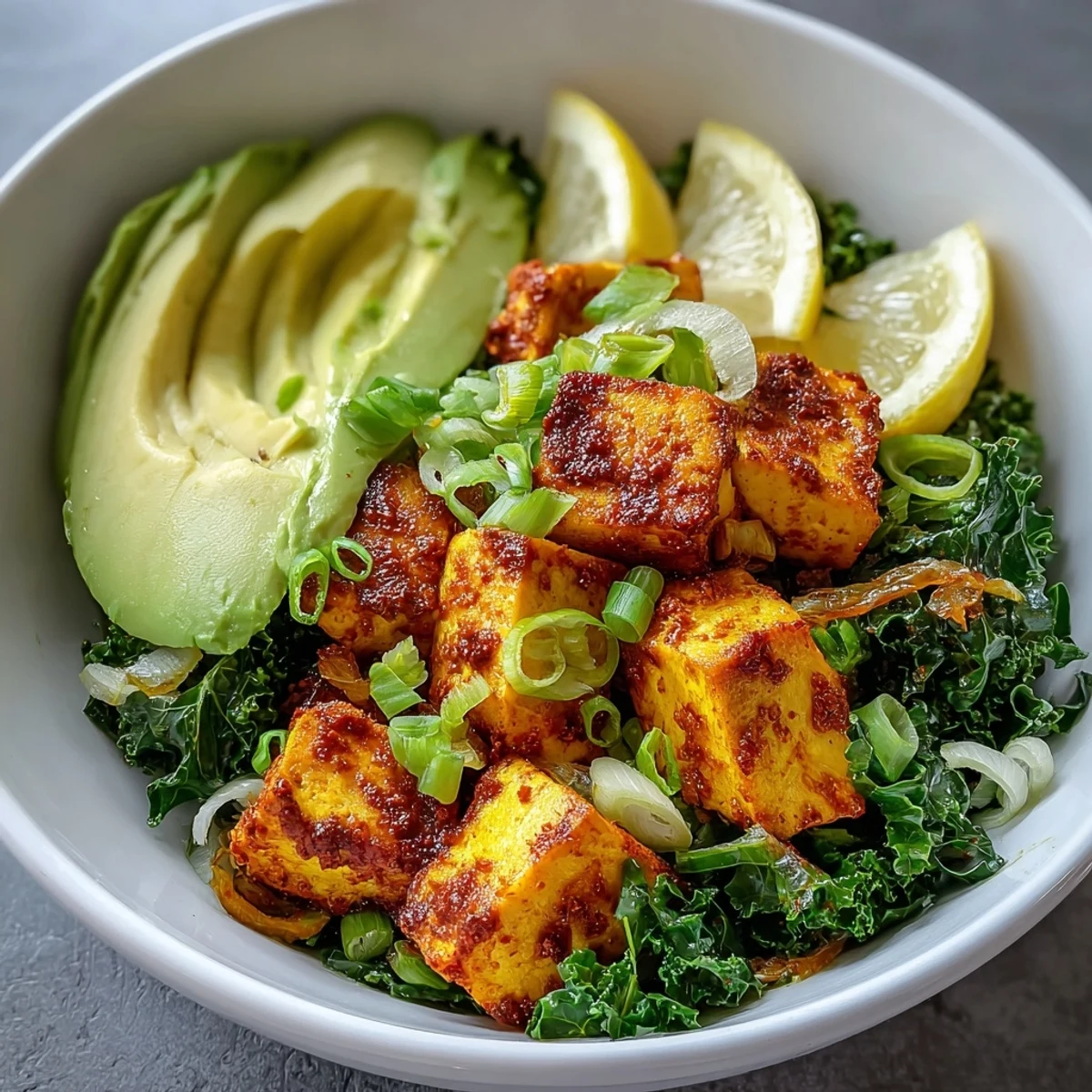 Golden, crispy tofu cubes and sautéed kale topped with creamy avocado slices in a vibrant breakfast bowl.