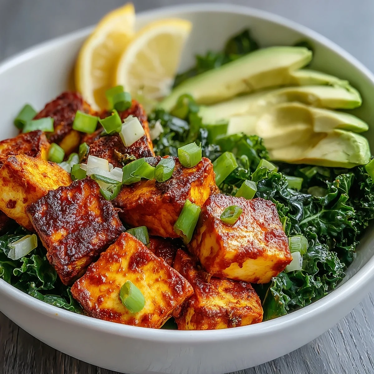 A nourishing Tofu Breakfast Bowl with Avocado and Kale, finished with lemon wedges on a rustic table.
