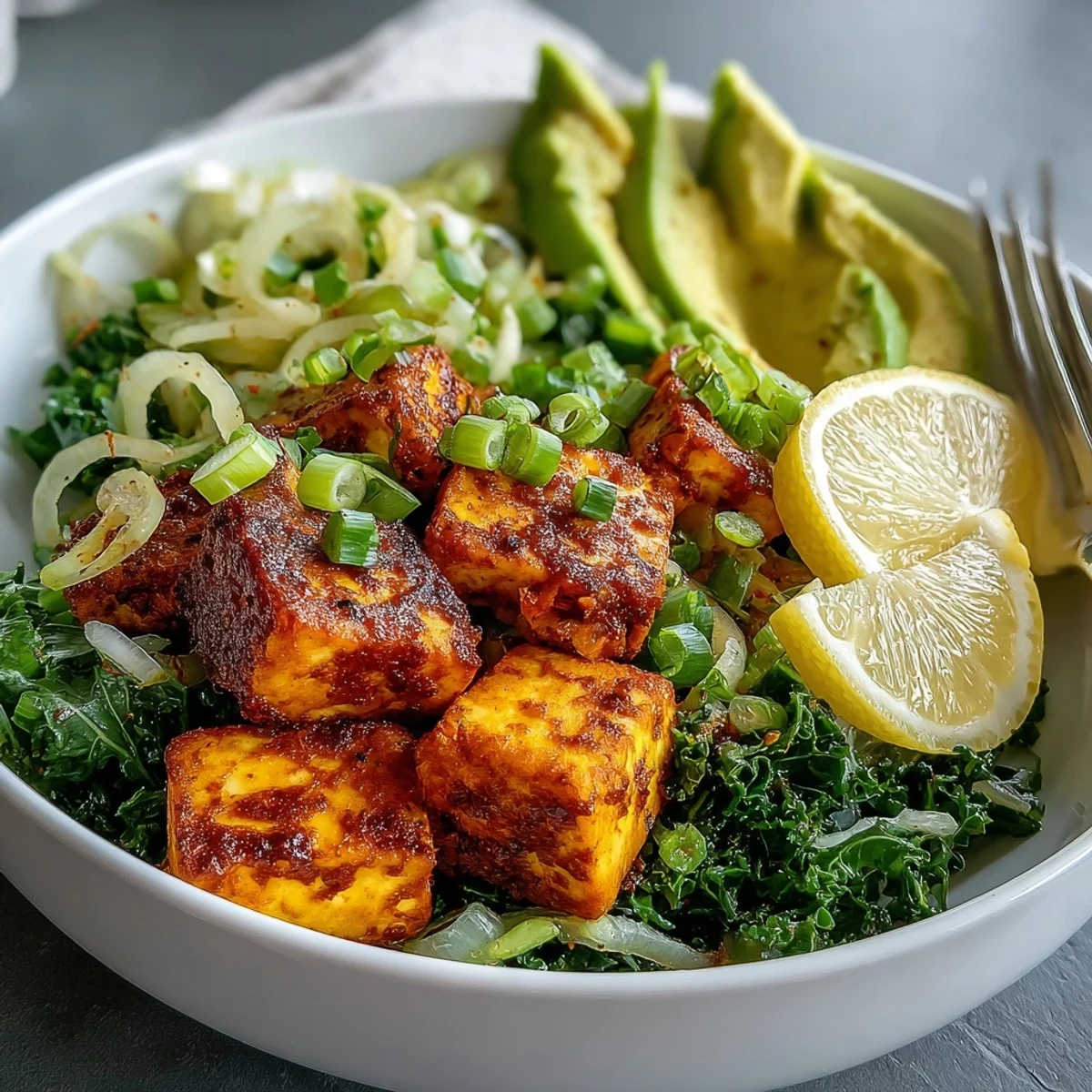 Close-up of a vegan Tofu Breakfast Bowl with avocado, kale, and golden tofu, ready for a healthy morning meal.