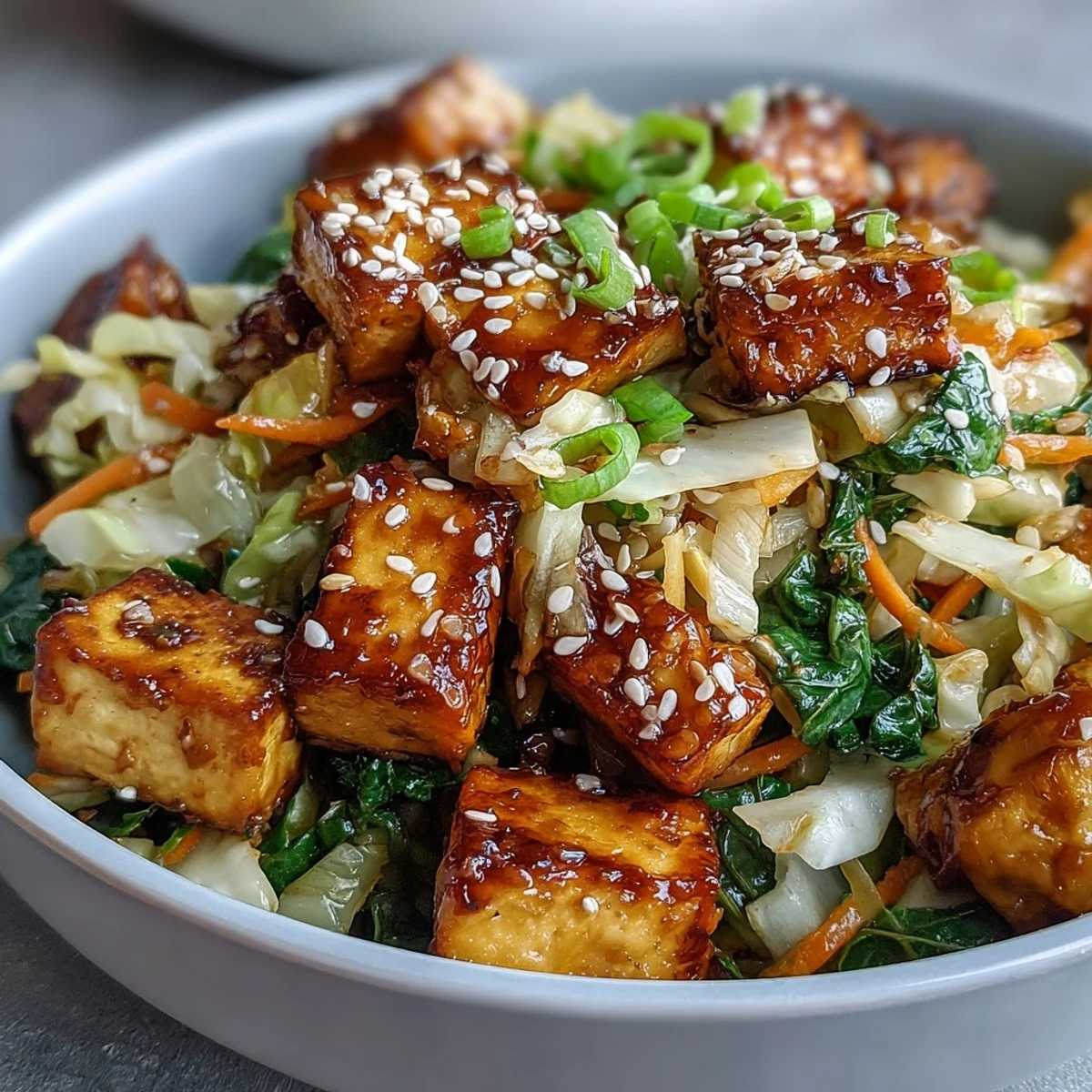 Golden pan-fried tofu cubes and crisp vegetables tossed in a savory sesame sauce in a bowl.