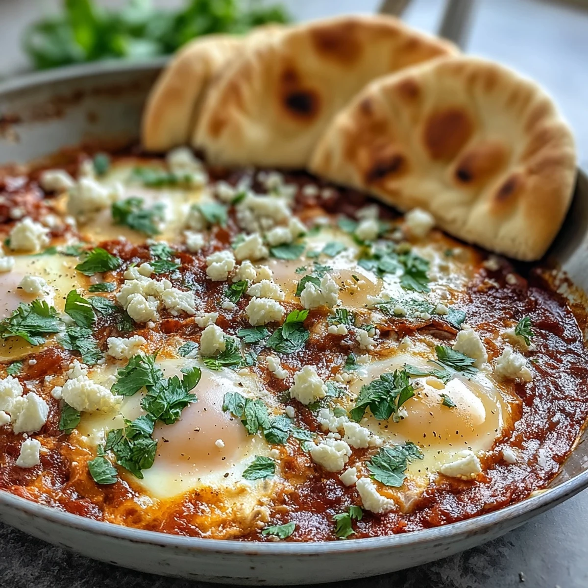 Vibrant Shakshuka bowl with soft yolks, peppers, and spinach, ready to dip with pita bread.