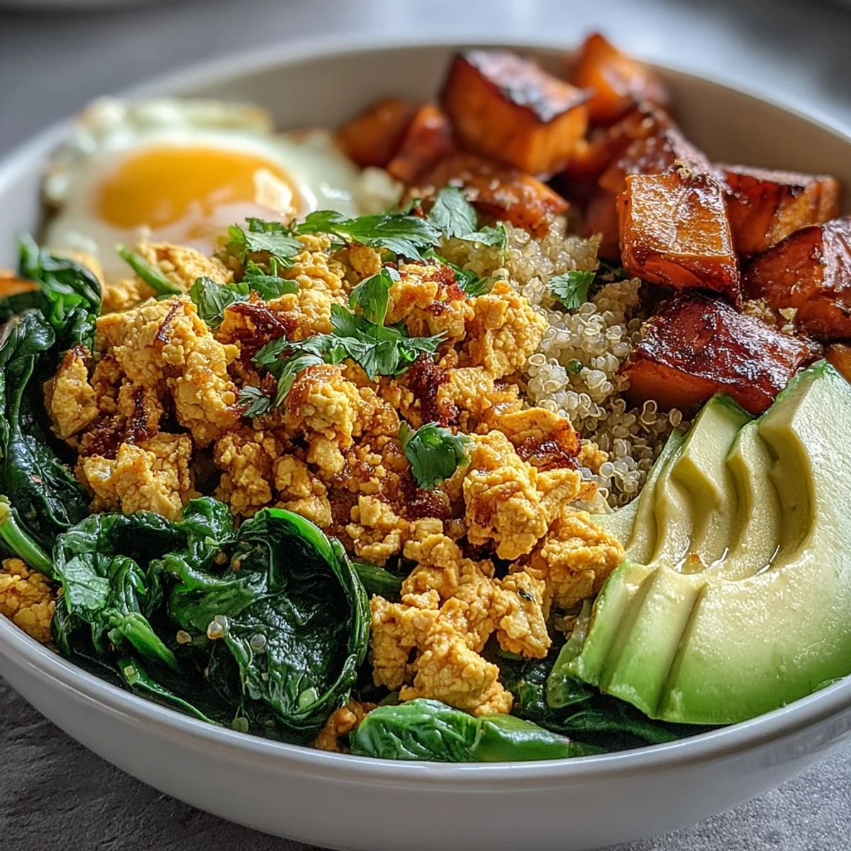 Golden roasted sweet potatoes and turmeric-spiced tofu scramble rest on fluffy quinoa in a vibrant vegan breakfast bowl.