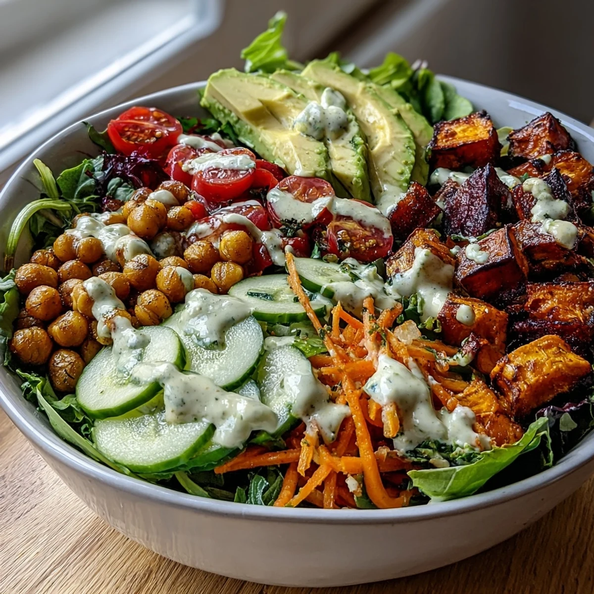 Golden roasted sweet potatoes and crispy chickpeas fill this vibrant Breakfast Buddha Bowl, topped with fresh avocado and drizzled with creamy tahini dressing.