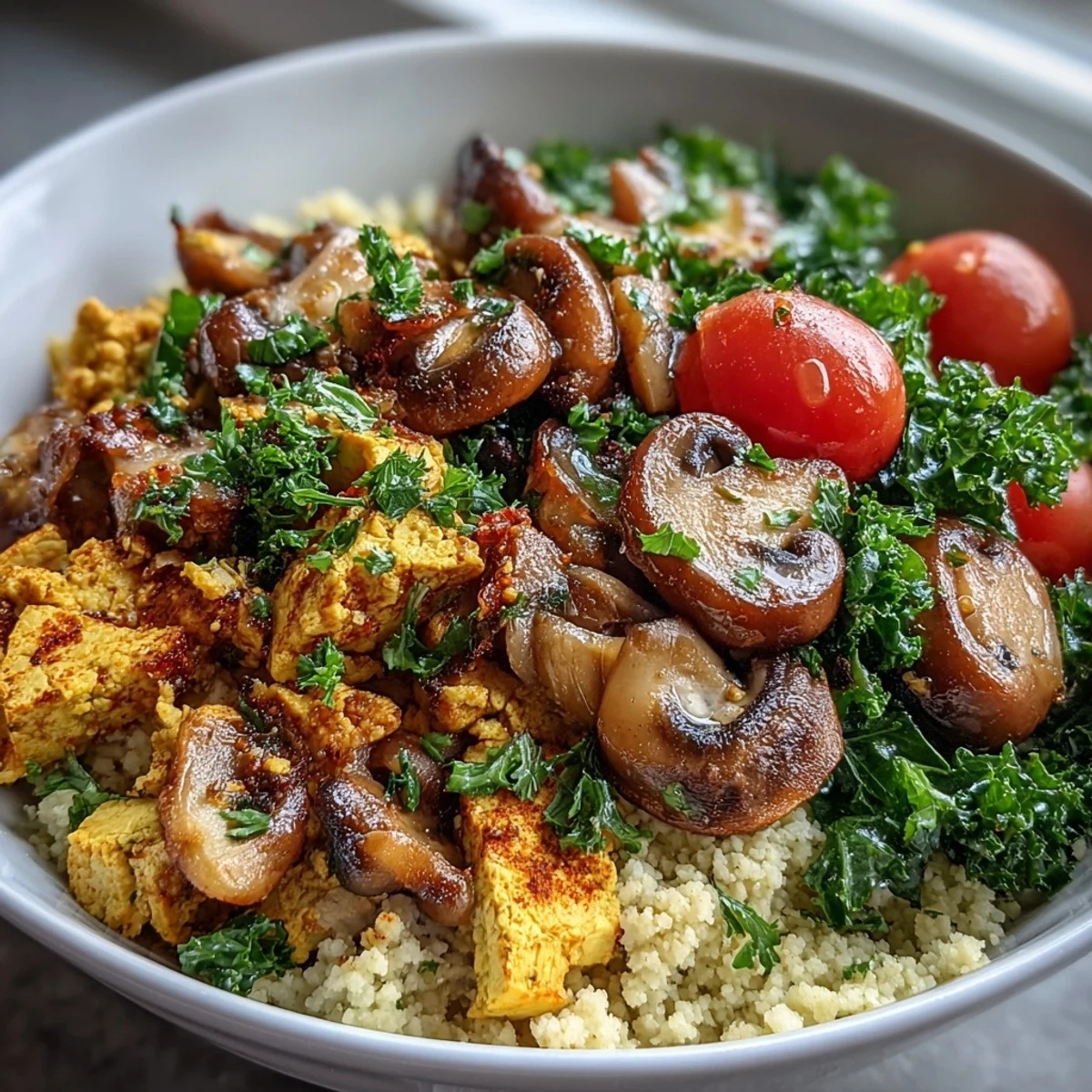 Savory Scrambled Tofu Breakfast Bowl topped with fresh avocado slices and cherry tomatoes, offering a vibrant, protein-packed vegan meal.