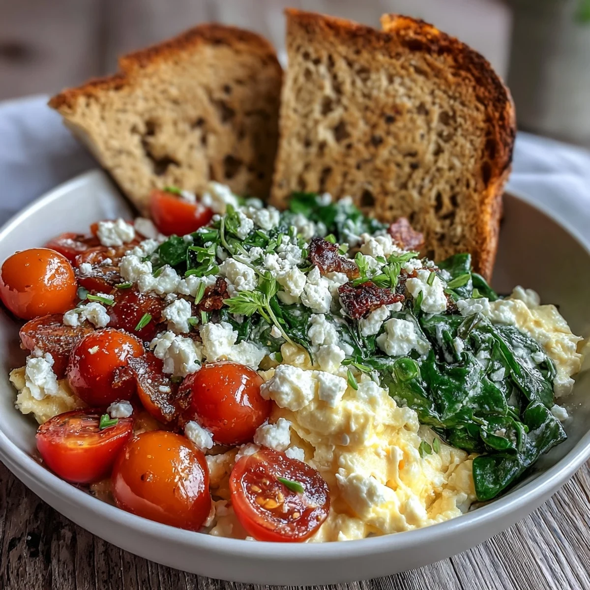 Bright, fluffy scrambled eggs topped with sautéed spinach and red cherry tomatoes in a Spinach and Feta Breakfast Bowl served with toasted whole grain bread.