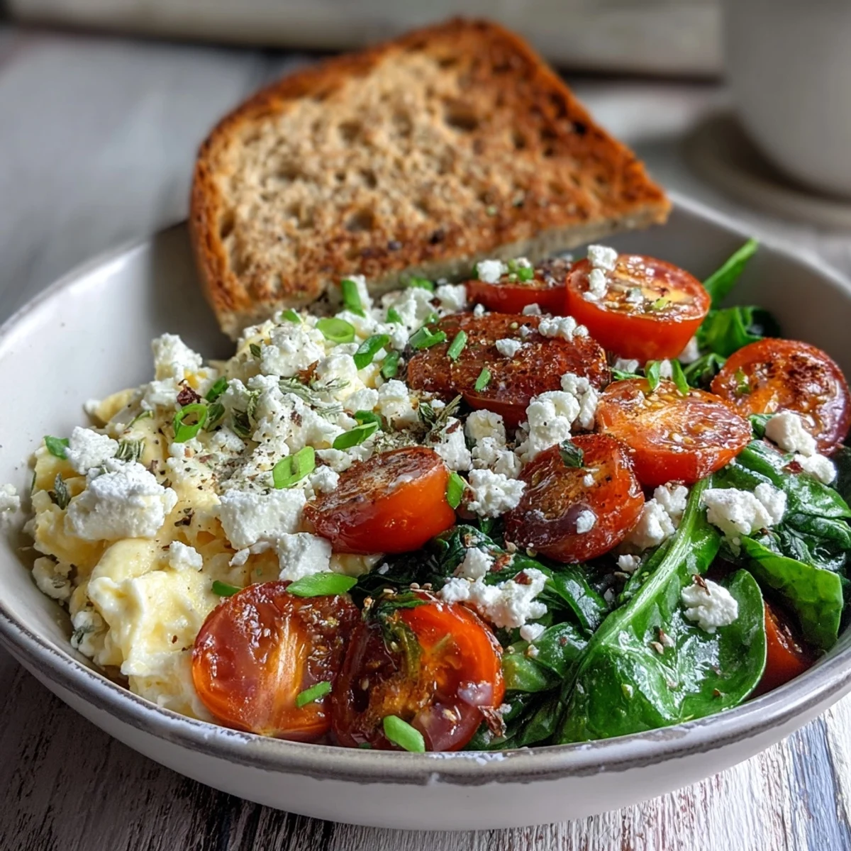 A close-up of a savory Spinach and Feta Breakfast Bowl featuring creamy feta crumbles, juicy tomatoes, and golden scrambled eggs on a rustic white plate.