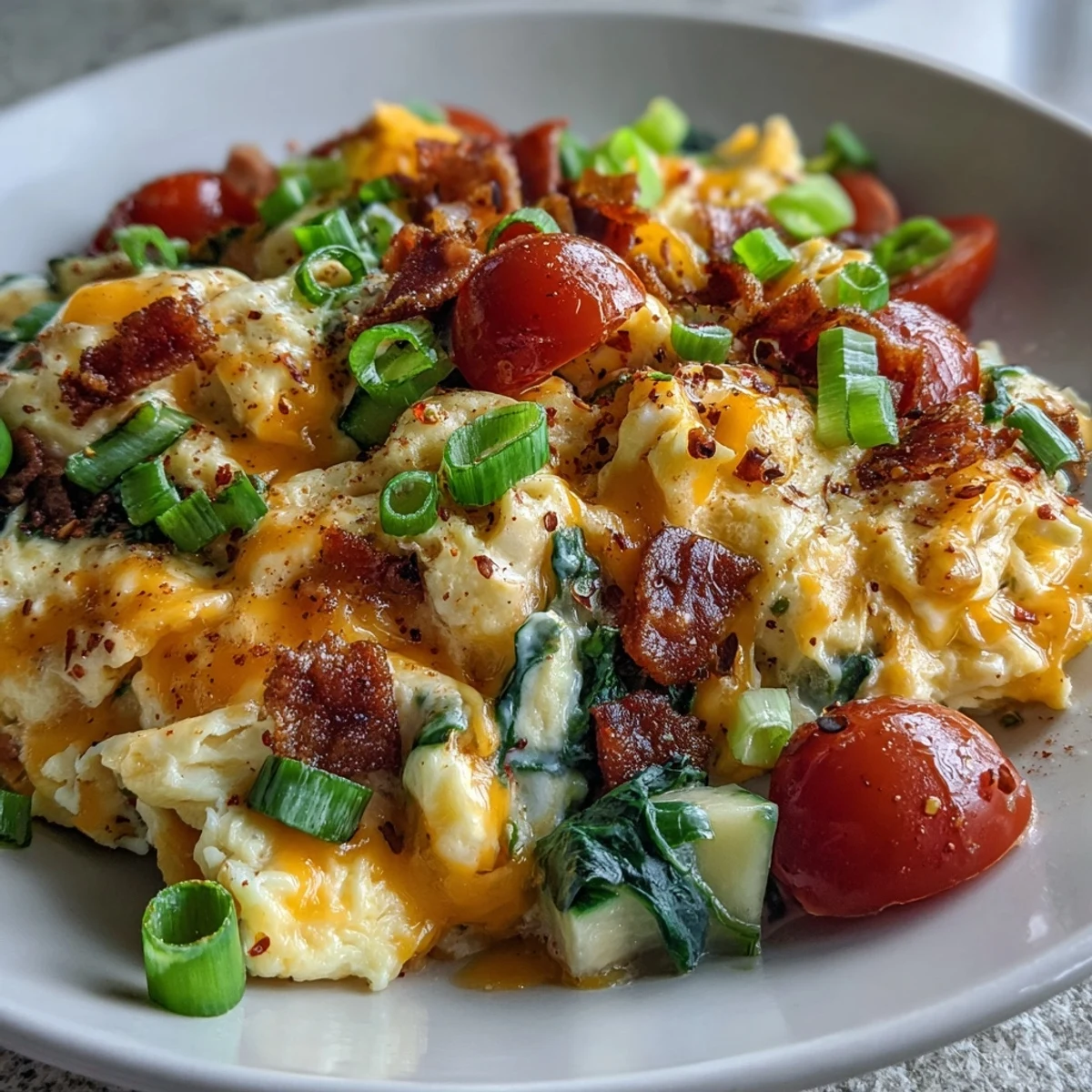A vegetarian breakfast bowl filled with soft scrambled eggs, spinach, bell peppers, and gooey melted cheese.