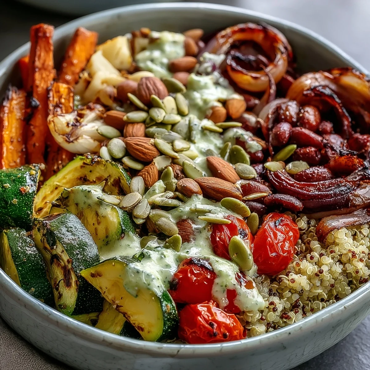 Vibrant orange carrots and red bell peppers in this Veggie and Quinoa Power Bowl rest atop warm quinoa with a zesty lemon dressing.