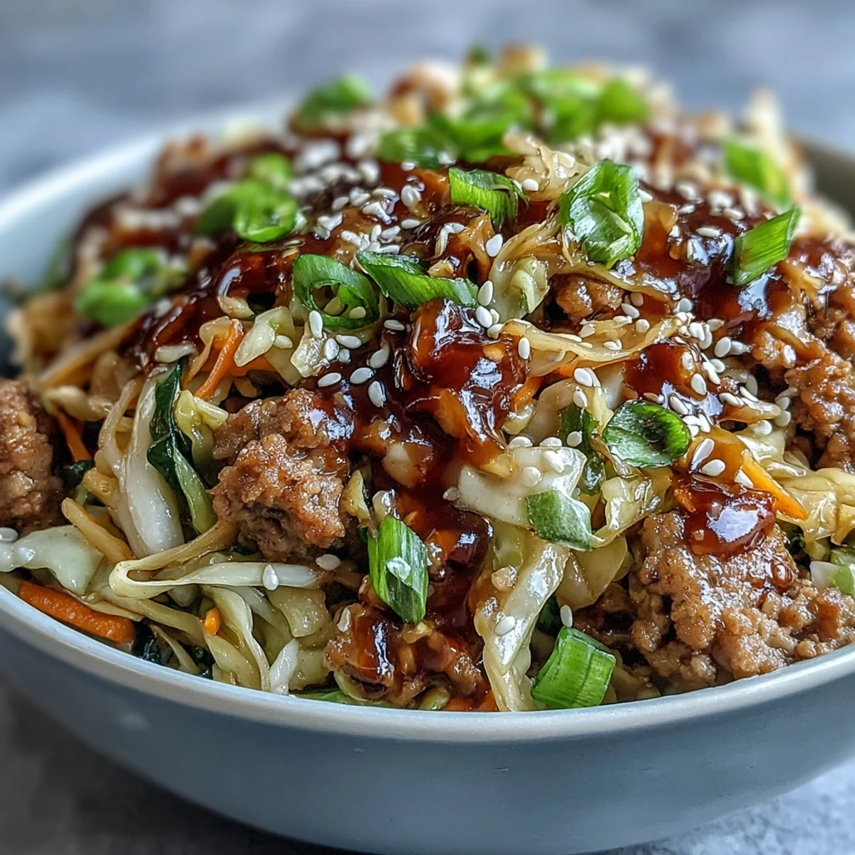 Vibrant shredded carrots and green onions garnish a hot serving of Asian-inspired Egg Roll in a Bowl.