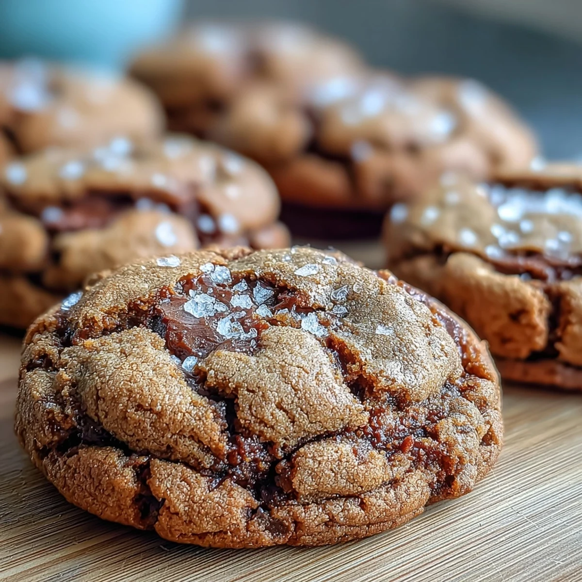 Golden-brown Hojicha Brown Butter Cookies with crackled tops are sprinkled with flaky sea salt, highlighting their roasted green tea glaze.