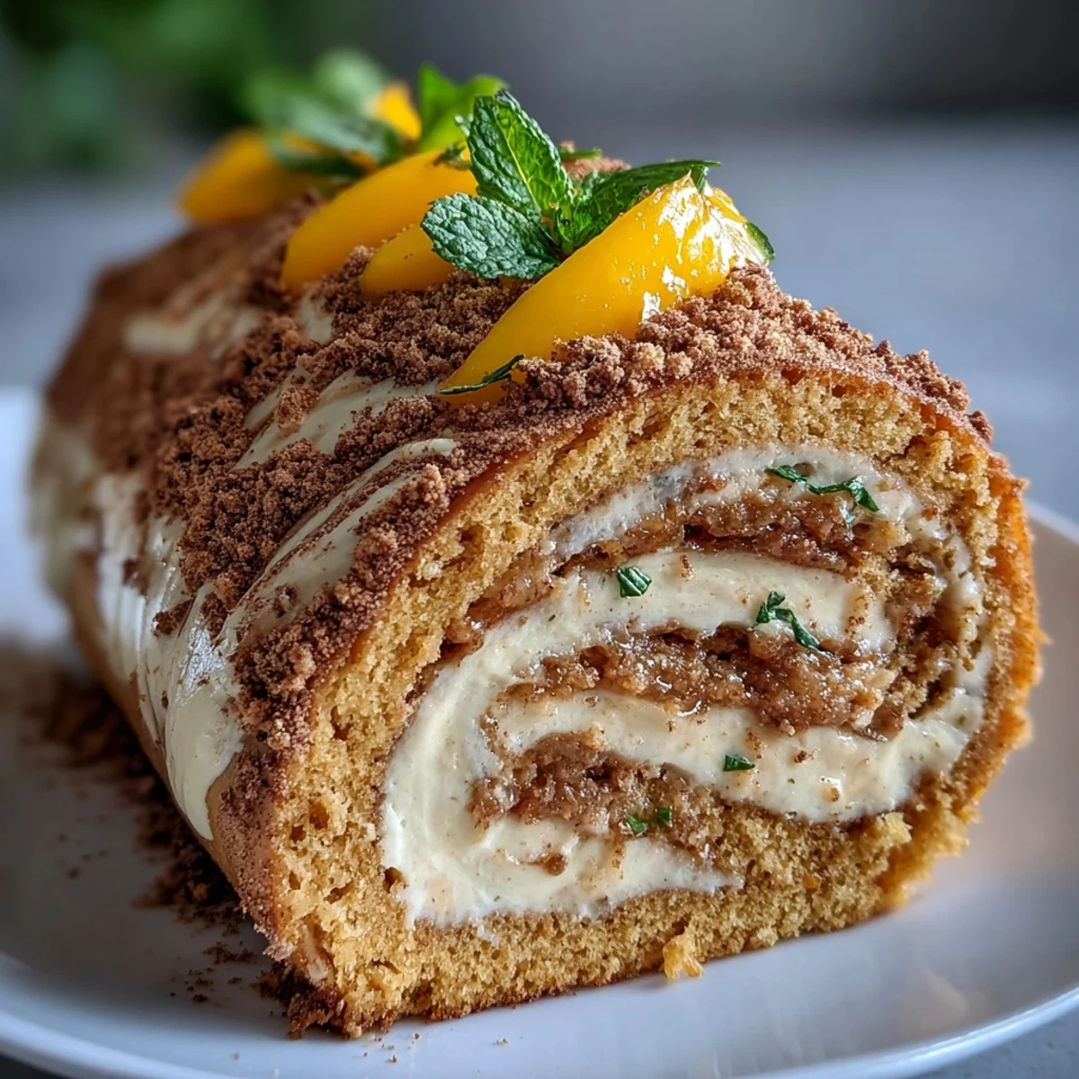 Hojicha Roll Cake shows a golden sponge spiral filled with creamy hojicha frosting and bright mango strips.