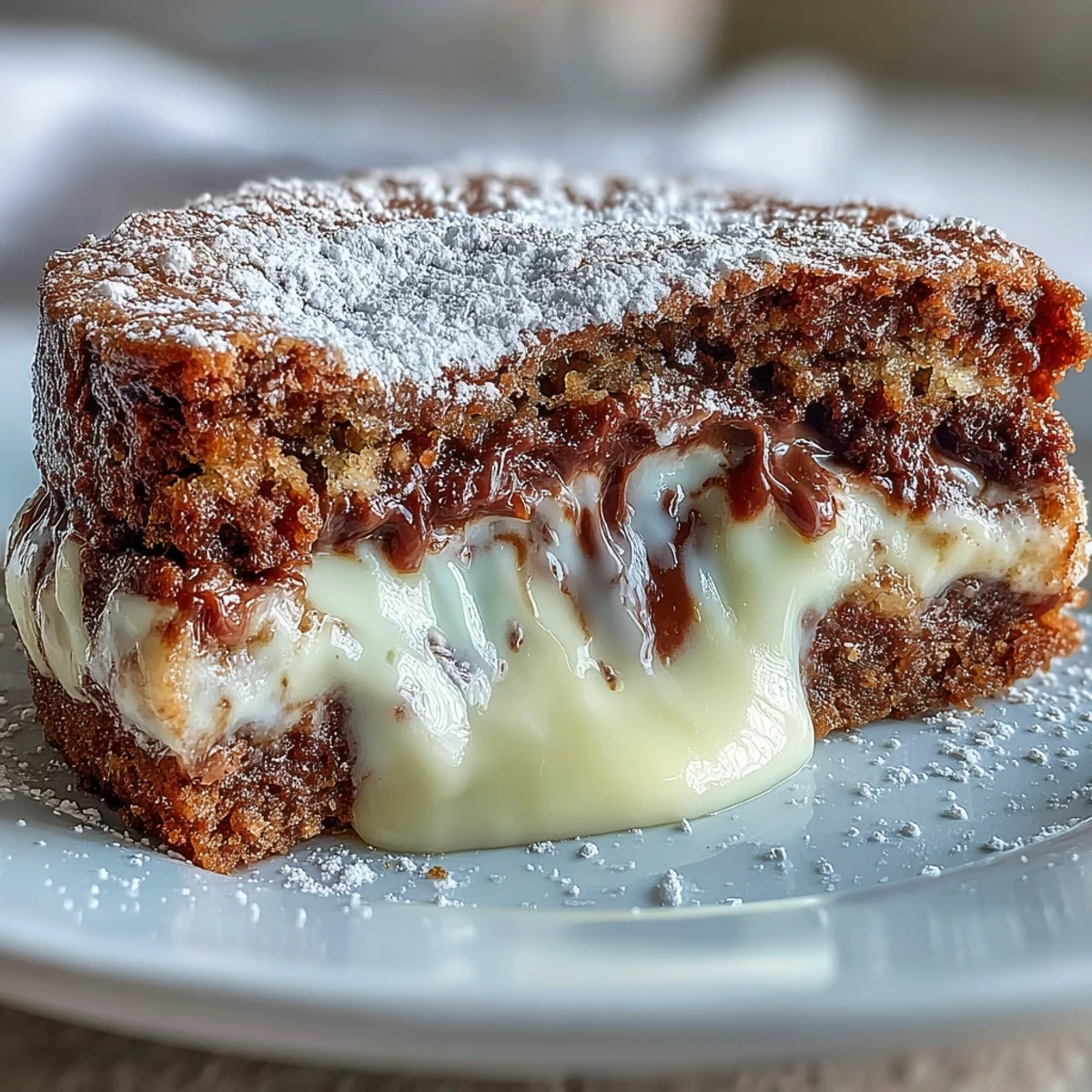 Freshly baked Hojicha Lava Cake with a rich, molten roasted tea ganache center flowing onto a white plate.