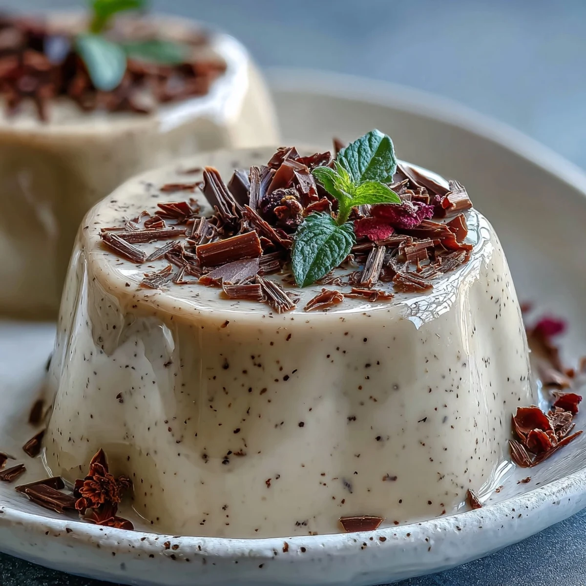 Creamy Hojicha Panna Cotta served in a glass ramekin with a dollop of whipped cream and shaved chocolate.