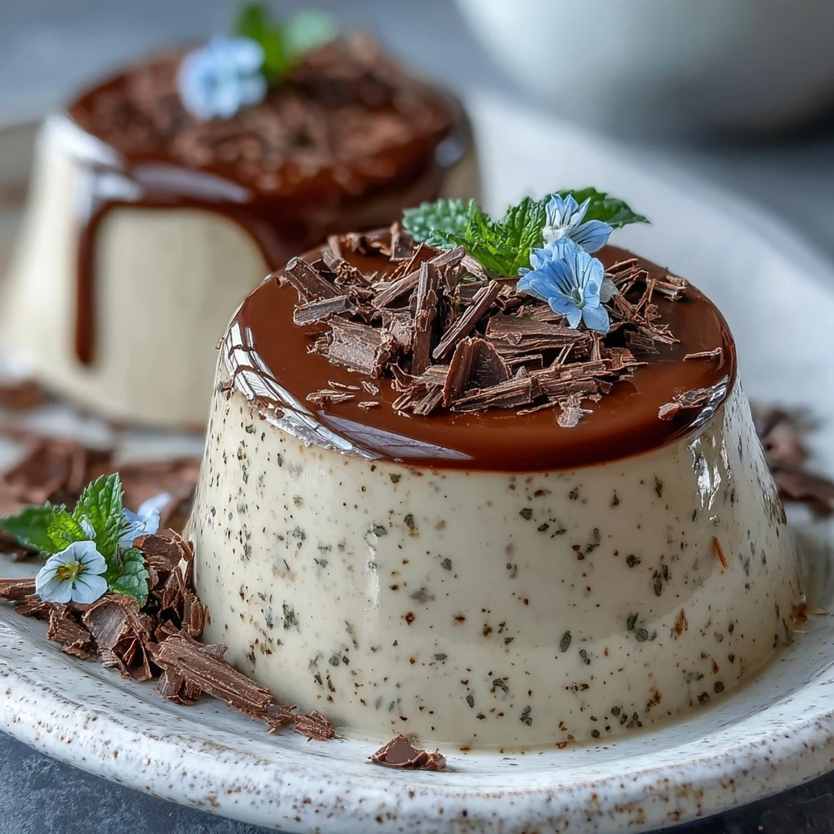 Smooth Hojicha Panna Cotta unmolded onto a plate, showcasing its silky texture and garnished with edible flowers.