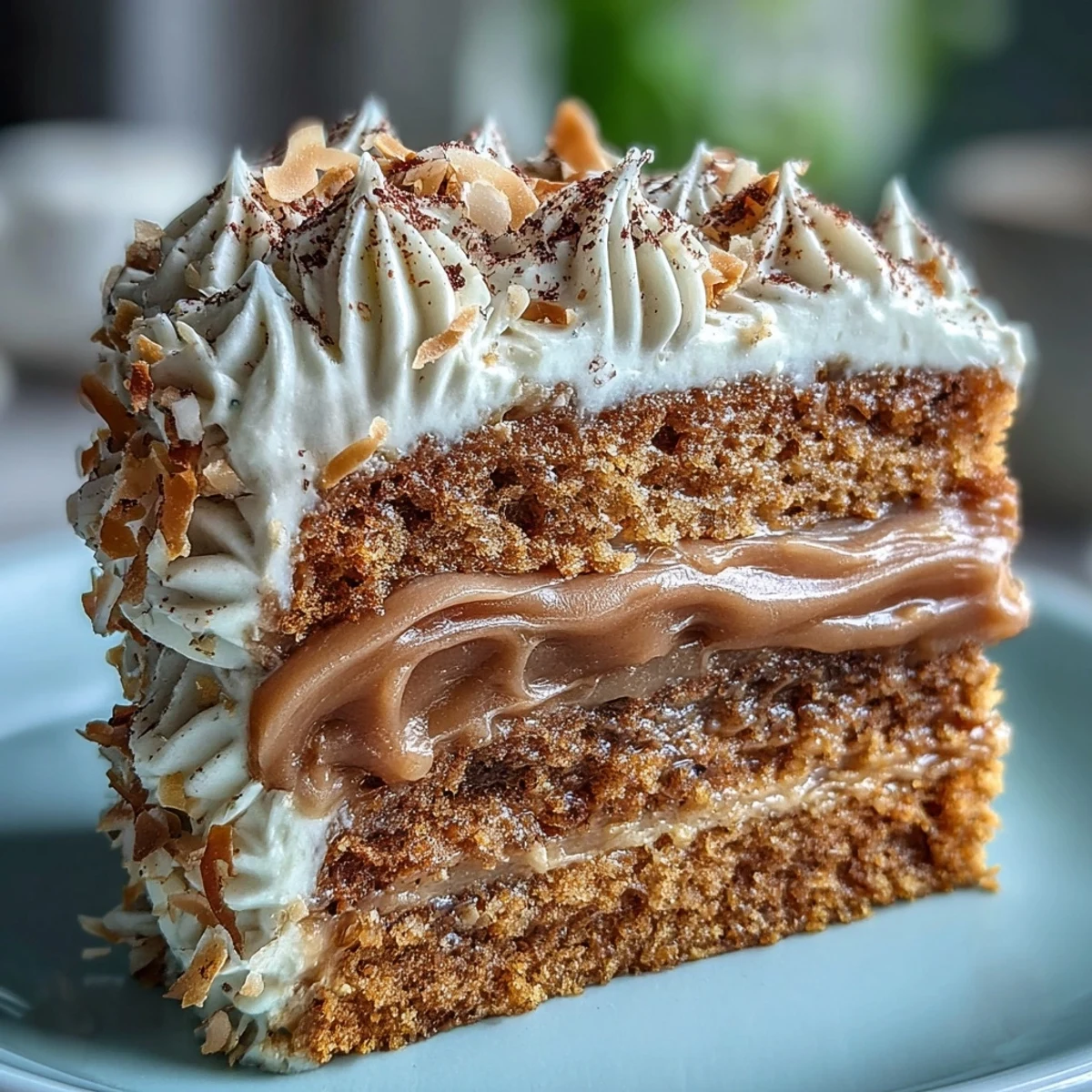 A freshly frosted Vegan Hojicha Latte Cake sits beside a steaming mug and scattered hojicha powder.