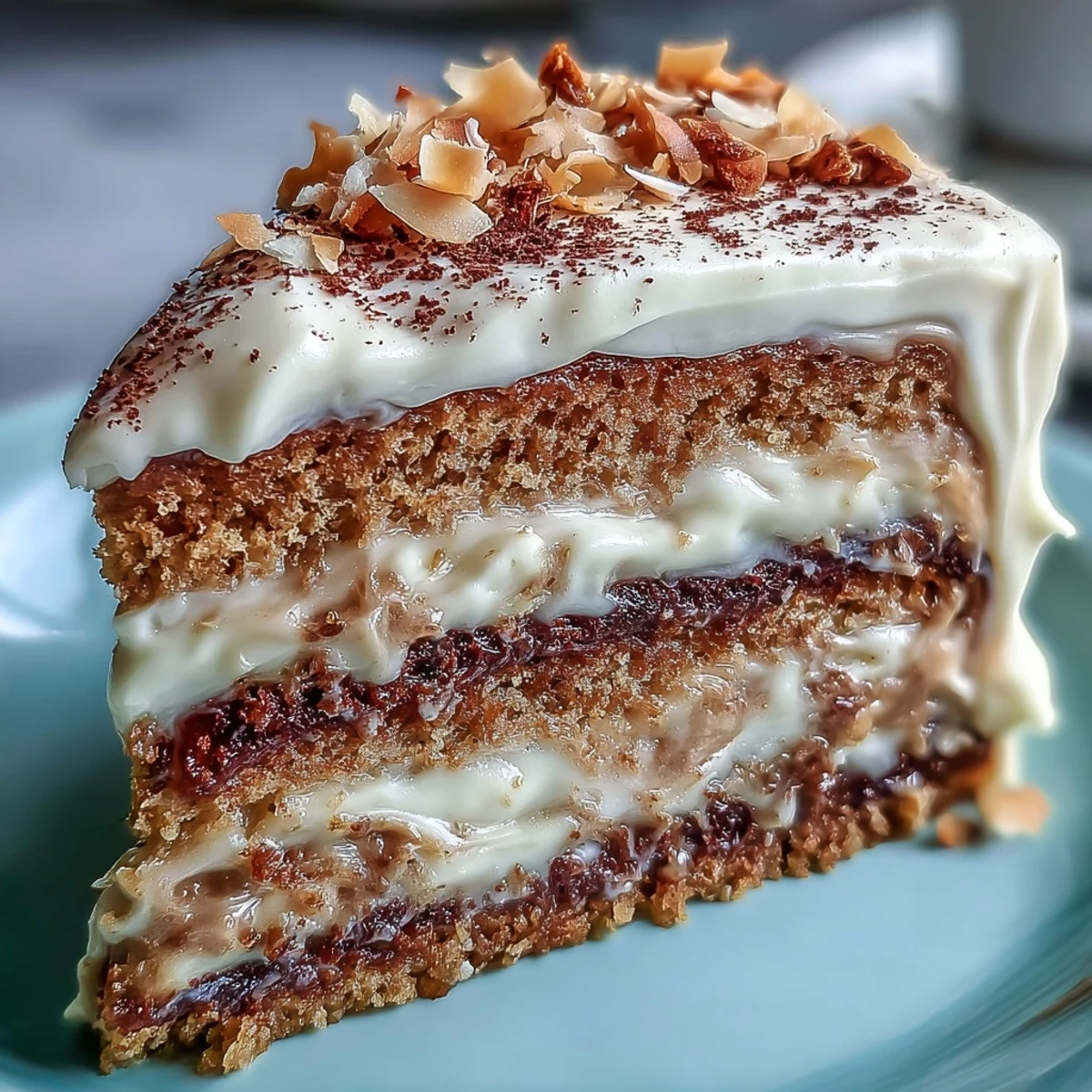 Close-up of Vegan Hojicha Latte Cake reveals fluffy coconut frosting, toasted coconut flakes, and a moist crumb.