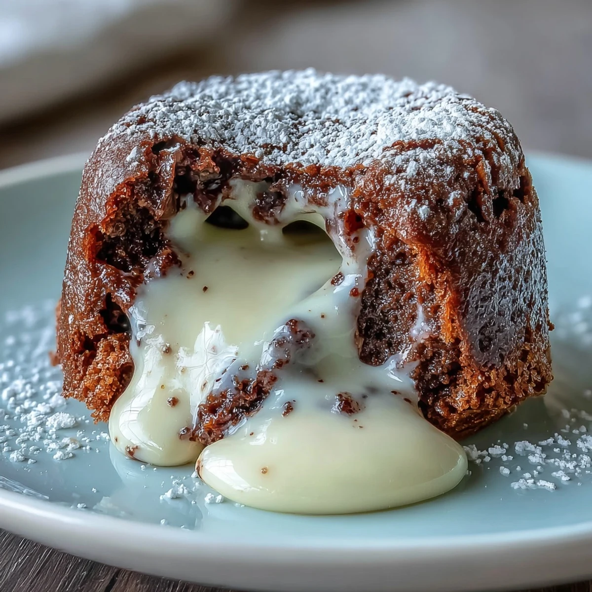 Freshly baked Hojicha White Chocolate Lava Cake releases a nutty aroma, with powdered sugar dusting the warm, cracked surface.