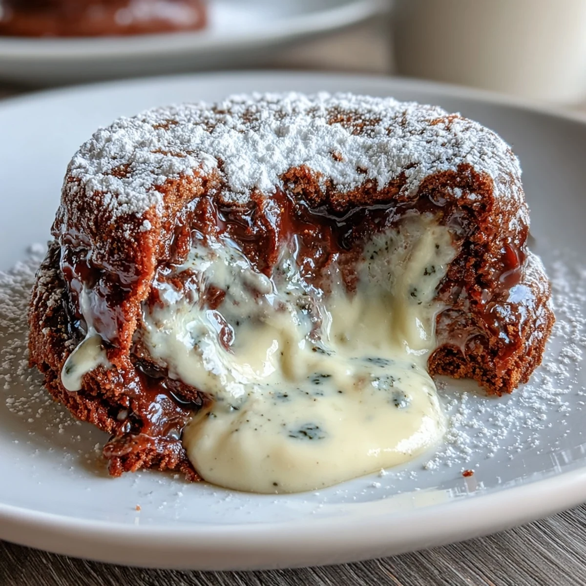 Golden-brown Hojicha White Chocolate Lava Cake sits on a plate, revealing a creamy molten white chocolate and hojicha tea center.