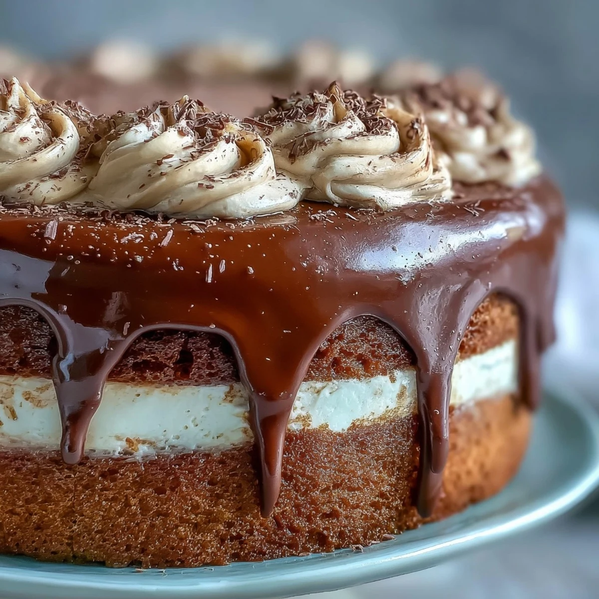 Perfectly layered Hojicha Butter Cream Cake with dark chocolate ganache dripping down the sides. 