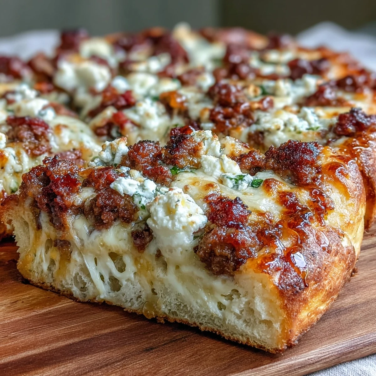 Freshly baked Hot Sausage Feta Honey Pizza with golden crust, topped with crumbled spicy sausage and creamy feta cheese.
