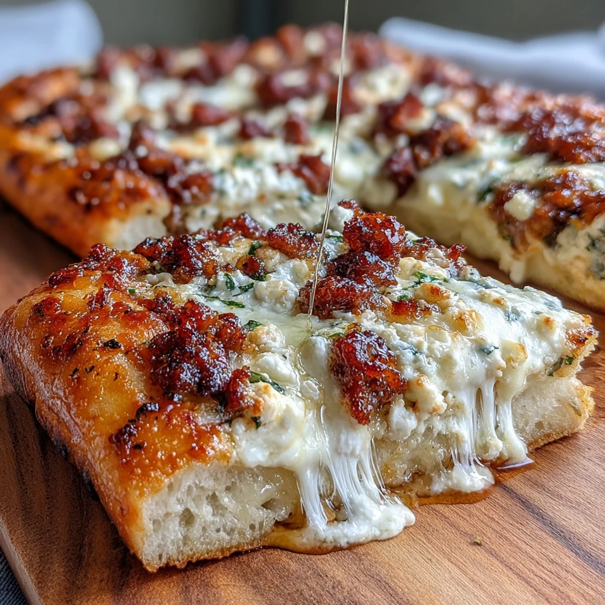 Sizzling Hot Sausage Feta Honey Pizza served on a wooden board, garnished with fresh parsley and red pepper flakes.