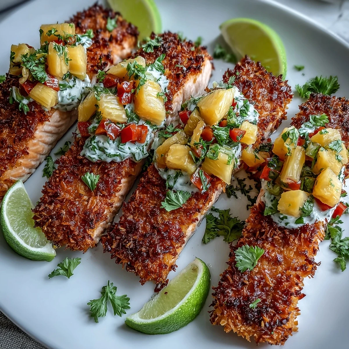 Perfectly seared Coconut Crusted Salmon with Pineapple Salsa garnished with fresh lime.