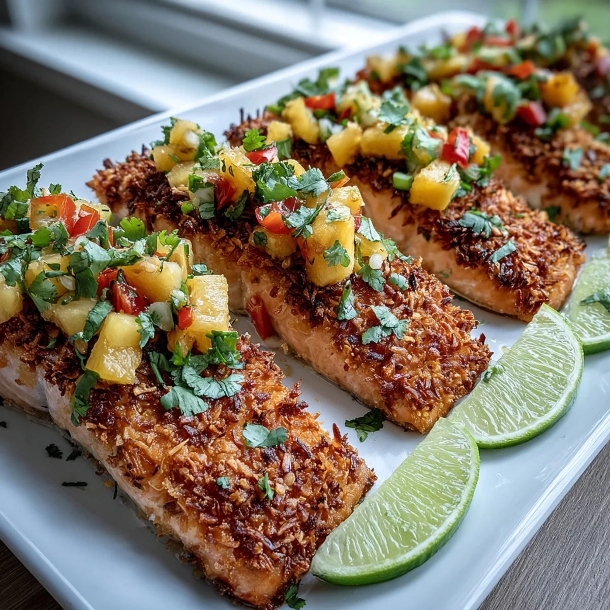 Plated Coconut Crusted Salmon served with Pineapple Salsa and lime wedges.