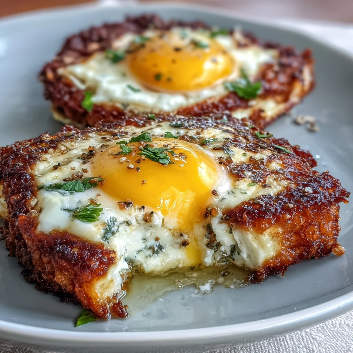 Easy Crispy Feta Fried Eggs topped with fresh herbs, ready to eat with crusty toast.
