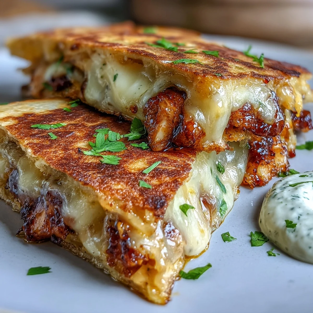 Perfectly grilled flour tortilla halves packed with sweet and spicy shredded chicken, presented on a rustic wooden serving board.