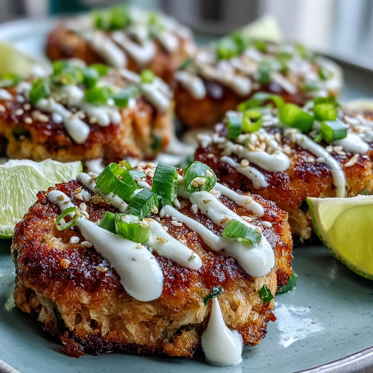 Freshly fried Asian-Style Tuna Cakes plated with a drizzle of creamy, fiery spicy mayo and lime wedges.