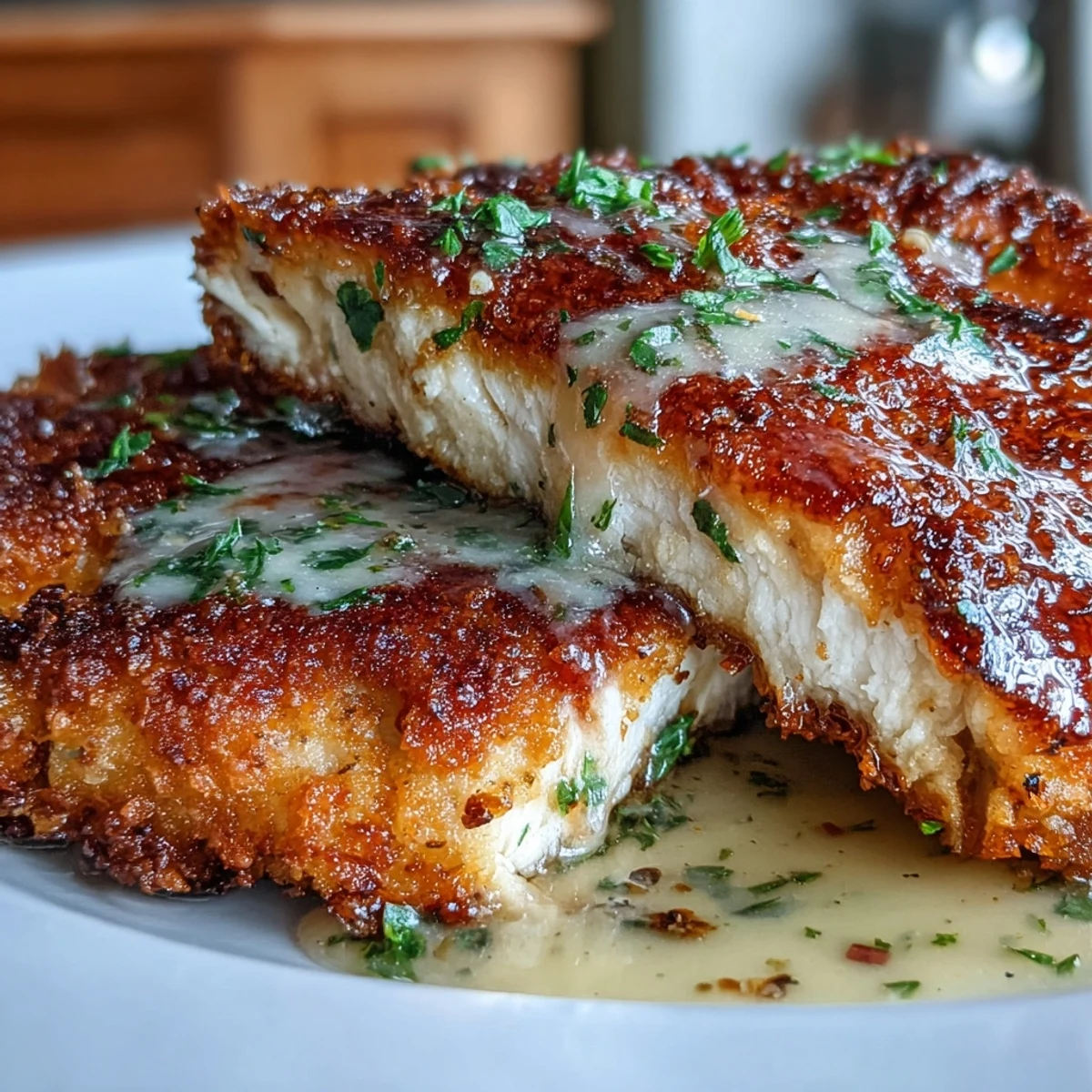 Lemon Parmesan Crusted Chicken served hot and juicy, garnished with fresh parsley and lemon slices.